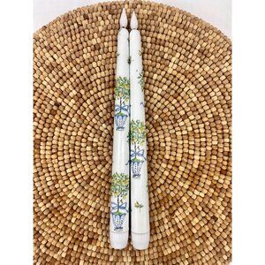 Lemon Tree Topiary Blue White Yellow Taper Candles Set of Two Battery Operated